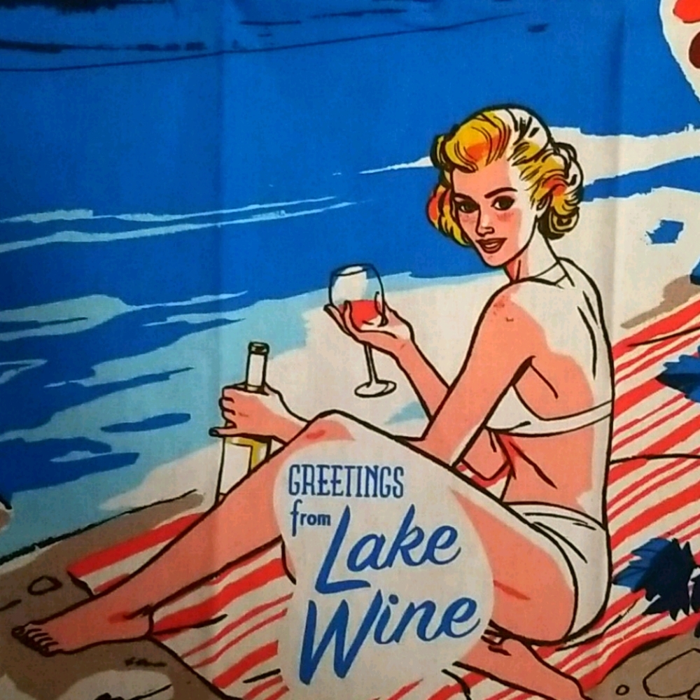 🍷~ Greetings from Lake Wine - retro Screen Printed tea towel Blue Q 21 x 28